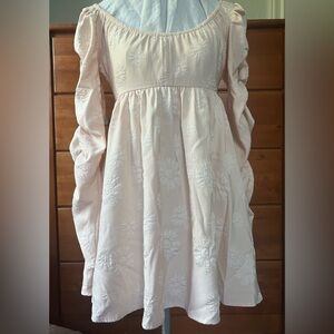 Pink off the shoulder mini baby doll dress with ruched sleeves